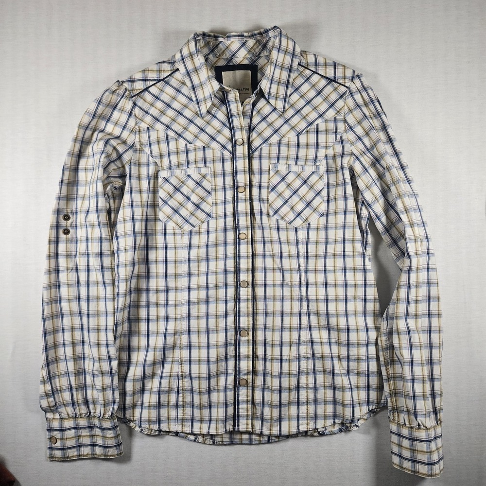 Heritage 1981 Plaid Western Shirt Women Medium White Blue Pearl Snap Long Sleeve